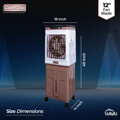 HAVAI Premium Glass Top GT 12+ | 12&quot; Fan Blade | 70 Litre Tank Capacity | 160W Power | 15ft Air Throw | 3-Side Honeycomb Cooling | Sleek Glass Top Design | 4 Castor Wheels