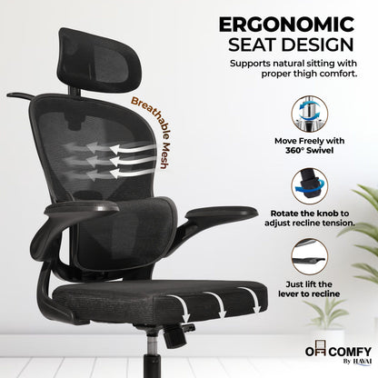 HAVAI Velmora Ergonomic Office Chair | High Back Mesh Chair with Reclining Mechanism, Adjustable Armrest, Headrest &amp; Lumbar Support | Nylon Base &amp; Wheels | Executive/WFH Chair (Black)