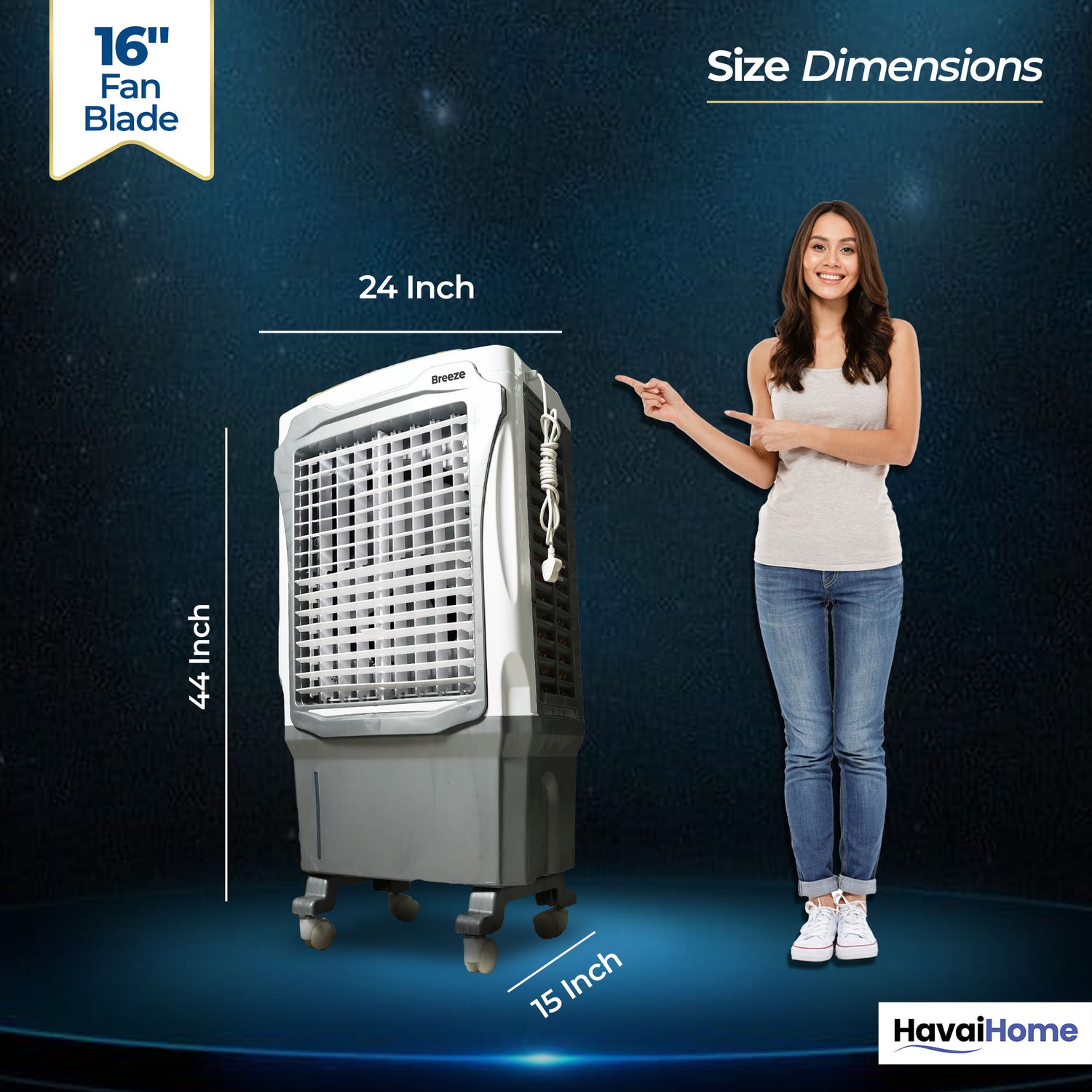 Breeze 60L Desert Air Cooler | 16" Fan Blade | 60L Tank Capacity | 500 Sq. Ft. Coverage | Auto Swing | Back Honeycomb Pads | White &amp; Grey