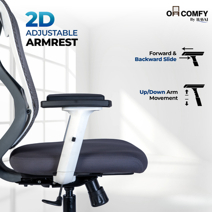 Off Comfy by HAVAI - Titan Pro Grey Chair |  Korean Mesh | Headrest | 2D Arms | Lumbar |  Seat Slider | Gaslift | Chrome Base | 60mm Castors