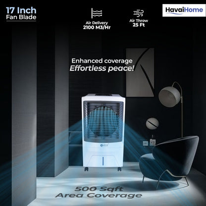 4 Way Plus Cooler | 17-Inch Fan Blade | High Thrust Energy | 500 Sq. Ft Area Coverage | 25-Foot Air Throw | 80 Litre Tank | Three-Side Honeycomb Pads | 1-Year Warranty | Sleek Design