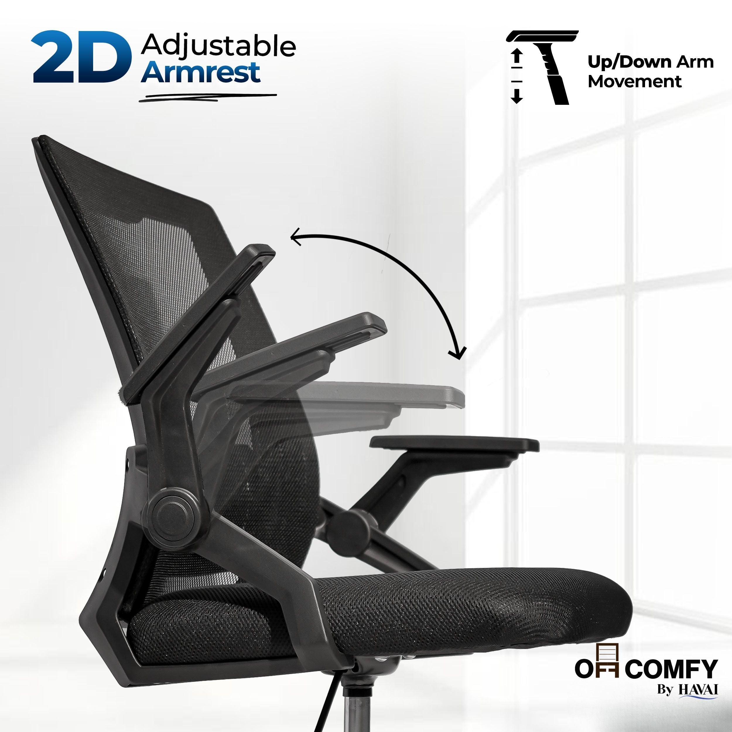 HAVAI Airon Ergonomic Office Chair with Mesh Back | Executive Computer Chair with Reclining &amp; Folding Function | Nylon Armrests | Class 2 Gas Lift | Plywood Base Support | Grey Seat | WFH &amp; Office Use | (Black)