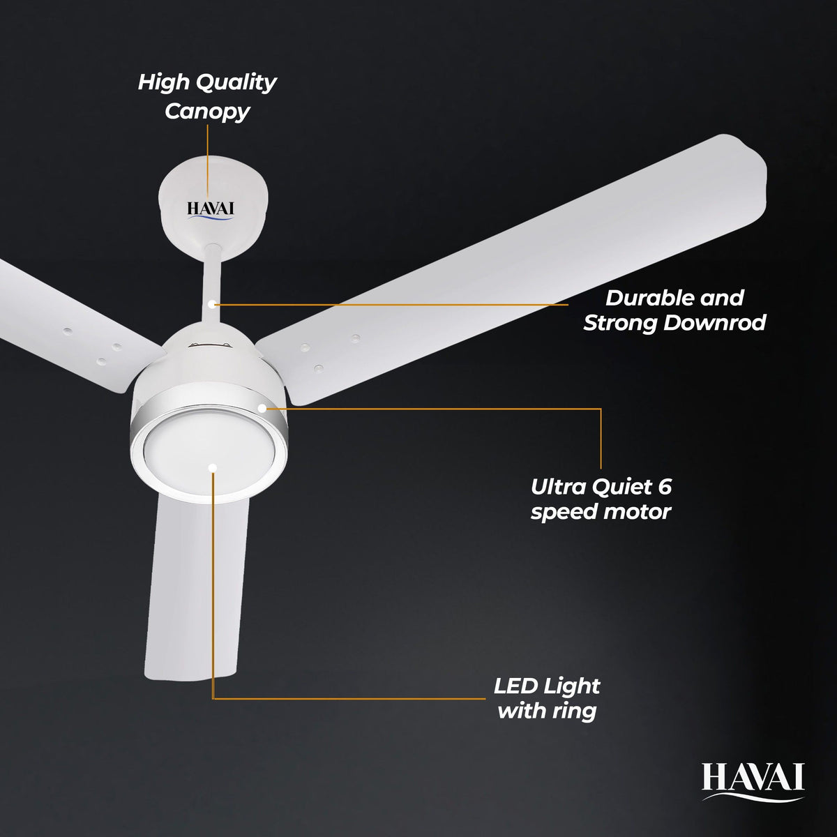 HAVAI Spinel BLDC Ceiling Fan with Decorative Ring | 1200mm, 3 Blades, 27W | Remote Control &amp; 9W LED Light | 2 Years Warranty | Pearl White