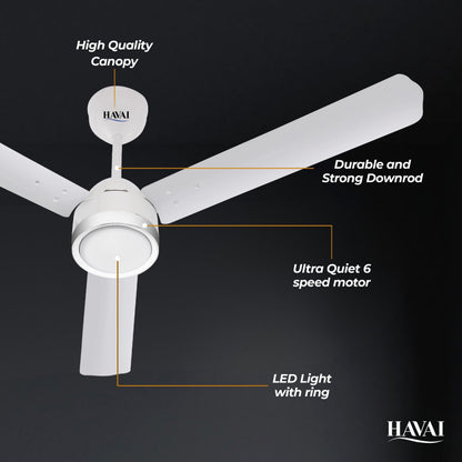 HAVAI Spinel BLDC Ceiling Fan with Decorative Ring | 1200mm, 3 Blades, 27W | Remote Control &amp; 9W LED Light | 2 Years Warranty | Pearl White