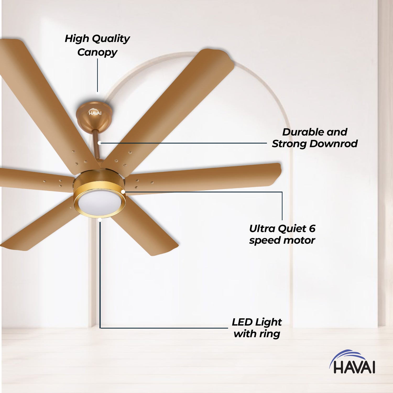HAVAI Spinel BLDC Ceiling Fan with Decorative Ring | 1200mm, 6 Blades, 25W | Remote Control &amp; 9W LED Light | 2 Years Warranty | Champagne Yellow