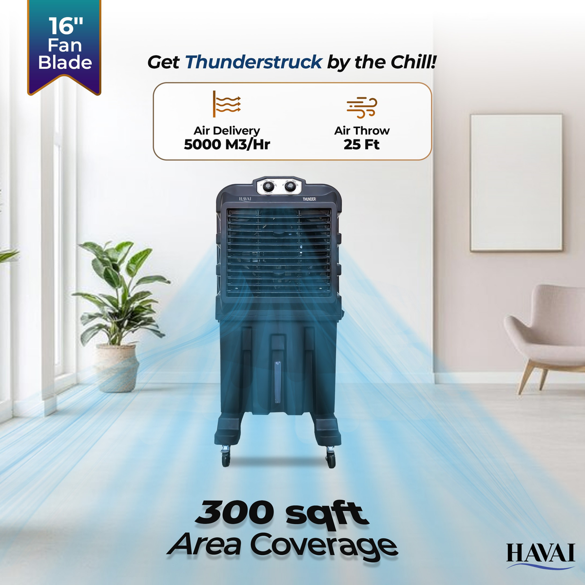 HAVAI Thunder 85 Desert Cooler – 85L, 16-Inch Aluminum Blade, Single Side Thick Honeycomb, 300 sq. ft. Coverage, Powerful Air Throw &amp; Delivery