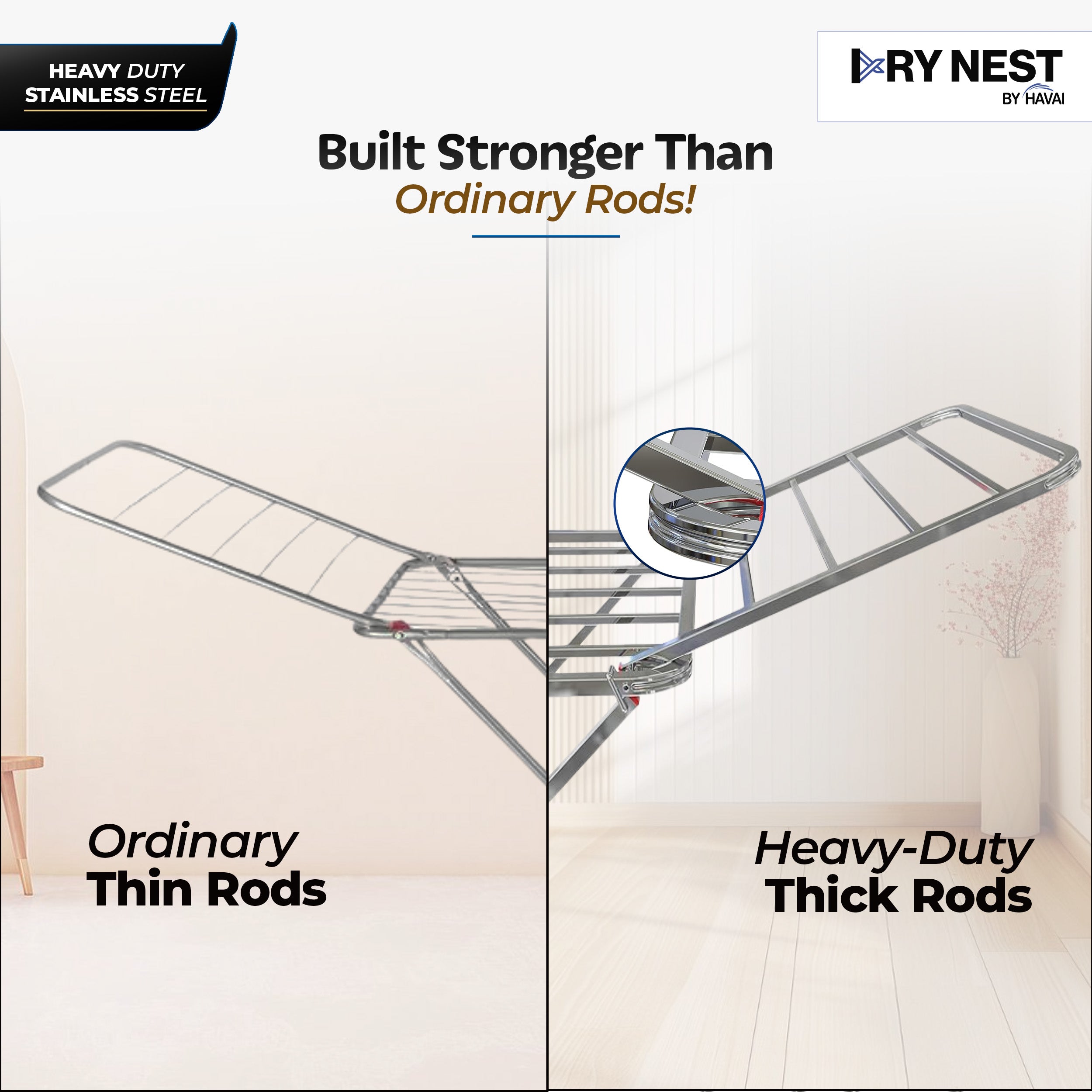 HAVAI DryNest 3.8 KG Heavy Duty Foldable Clothes Drying Stand | 20 Square Rust-Free Steel Rods | Strong Load Capacity | 3-Way Folding Laundry Airer | Space-Saving Indoor &amp; Balcony Clothes Stand | 1-Year Warranty