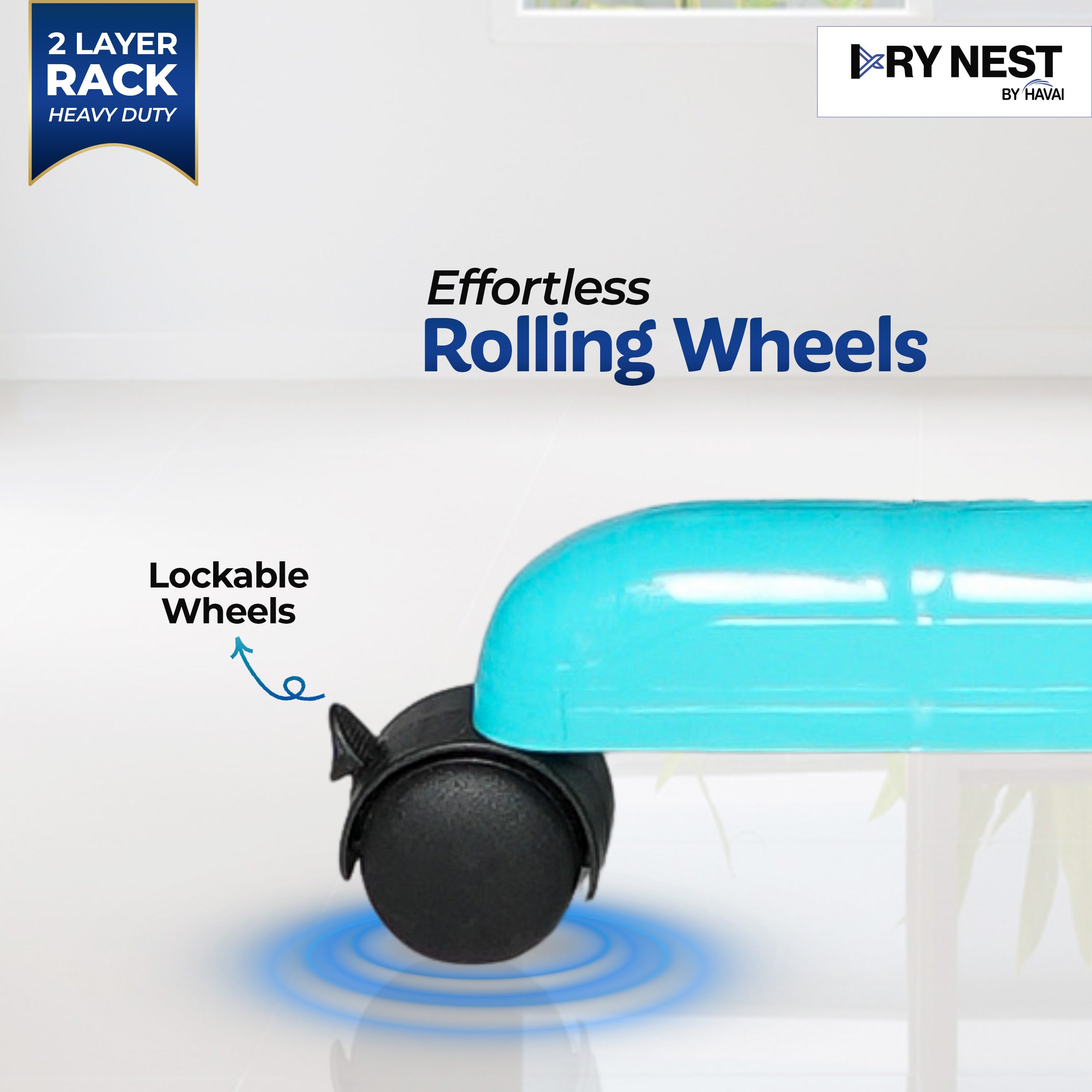 HAVAI DryNest 3.7 KG Premium Clothes Drying Stand with Wheels | Heavy-Duty Rust-Free Steel &amp; Strong Steel Rods | 2-Layer Foldable Jumbo Rack | Portable &amp; Balcony-Friendly