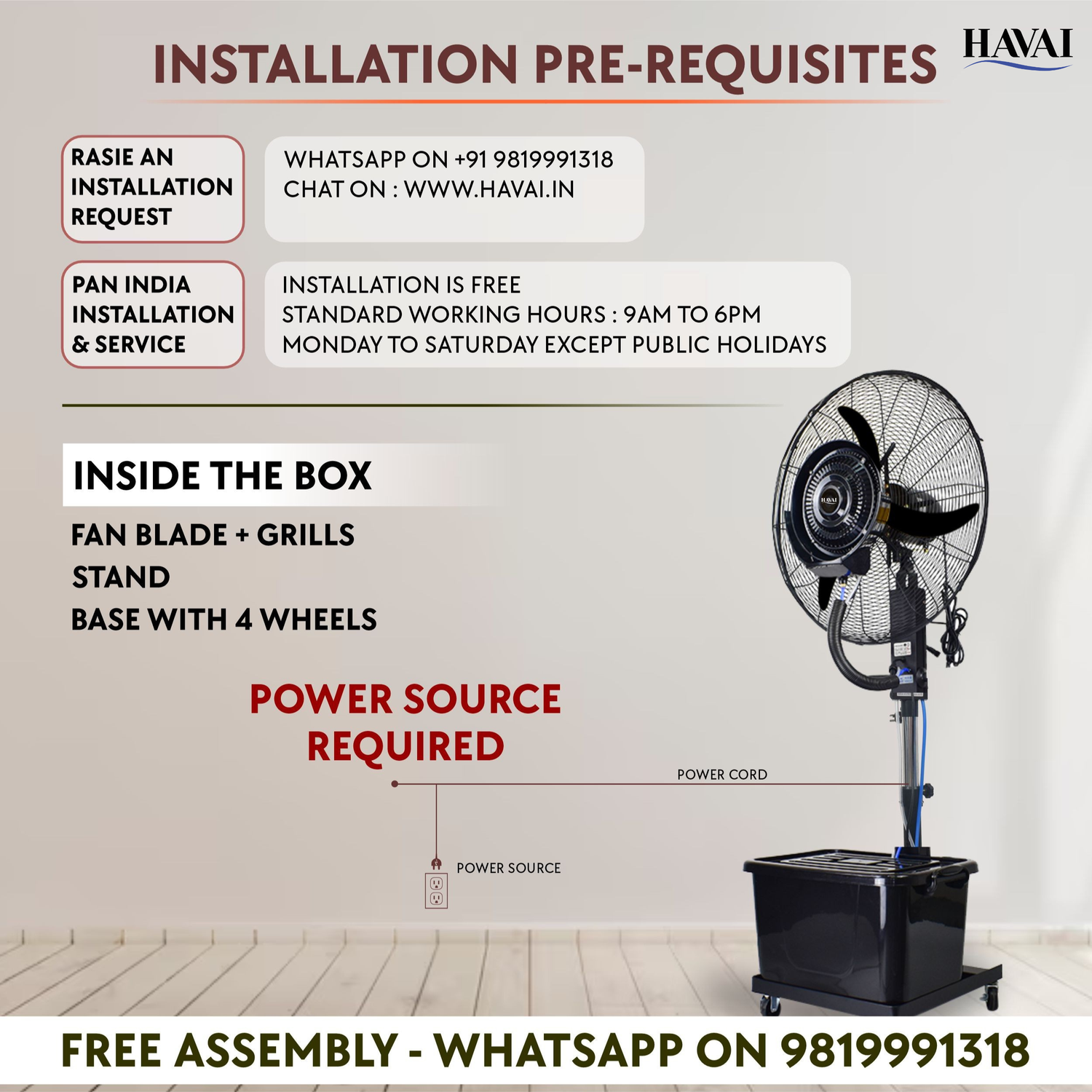 Havai 26″ Commercial Mist Fan with Adjustable Height Rod, 260W Copper Motor | 10m Spray | Manual Mist Control | Aluminium Blade | Finger-Proof Grill | 41L Tank | Fixed 6ft Height | 48-Hour Installation &amp; 1-Year Warranty