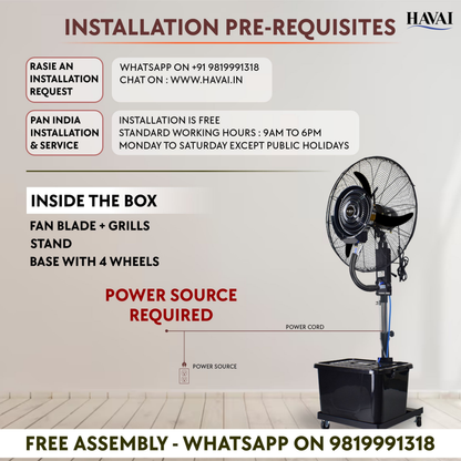 Havai 26″ Commercial Mist Fan with Adjustable Height Rod, 260W Copper Motor | 10m Spray | Manual Mist Control | Aluminium Blade | Finger-Proof Grill | 41L Tank | Fixed 6ft Height | 48-Hour Installation &amp; 1-Year Warranty