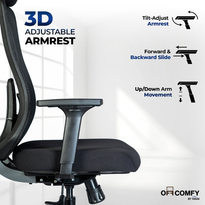 Off Comfy by HAVAI - Bolt Black Ergonomic Office Chair |  Yuva Mesh Back | 4D Arms with PU Pad | 1D Lumbar Support |  Auto Weight Mechanism with 4-Point Lock | Seat Slider | Crystal Chrome Base | 60mm Castors