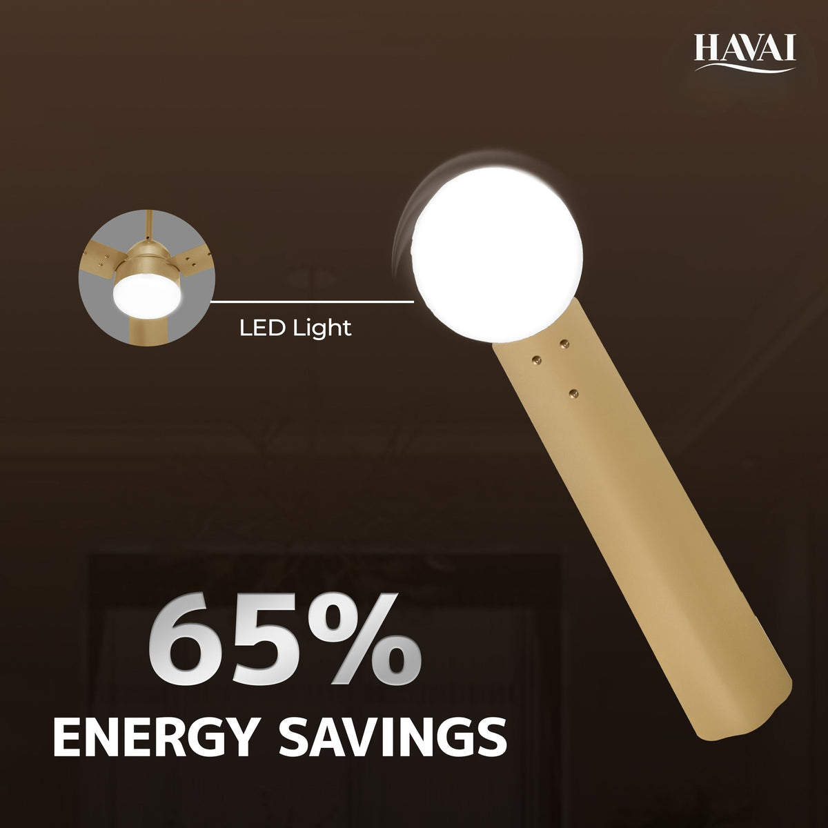 HAVAI Spinel BLDC Ceiling Fan 28W, 1200mm Blade with Remote - Champagne Yellow,9W LED Light
