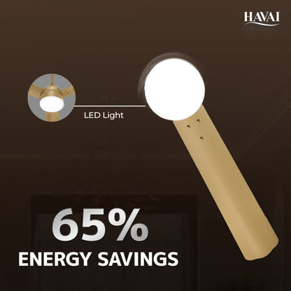 HAVAI Spinel BLDC Ceiling Fan 28W, 1200mm Blade with Remote - Champagne Yellow,9W LED Light