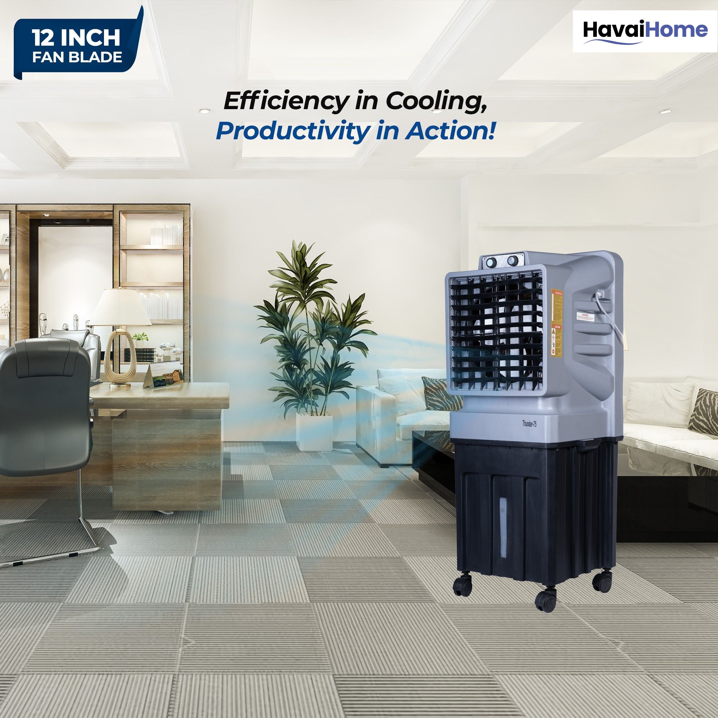 HAVAI Thunder-75 Tower Air Cooler | 70L Tank | 12″ Blade | Ideal for 150 sq ft Rooms | 130W Power | 10 ft Air Throw | 1350 RPM | Auto-Louver | 3-Speed | 1-Year On-Site Motor Warranty (Black &amp; Grey)