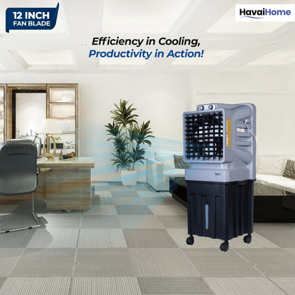 HAVAI Thunder-75 Tower Air Cooler | 70L Tank | 12″ Blade | Ideal for 150 sq ft Rooms | 130W Power | 10 ft Air Throw | 1350 RPM | Auto-Louver | 3-Speed | 1-Year On-Site Motor Warranty (Black &amp; Grey)