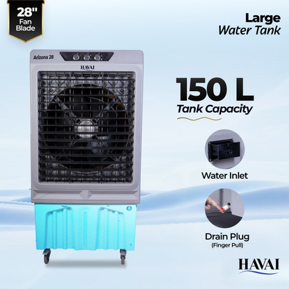 Havai Arizona 28 Industrial &amp; Commercial Air Cooler | 28-Inch Engineered 3-Leaf Blade | 10,000 m³/hr Air Delivery | 150L Tank | 500W Motor | 40 Ft Air Throw | Covers 700 Sq. Ft. | Finger Pull Drain Plug | 1-Year Warranty