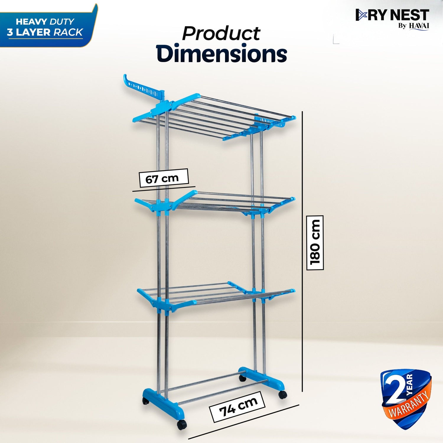 DryNest by Havai - 4.6 KG Premium Clothes Drying Stand with Wheels | Heavy-Duty Rust-Free Steel &amp; Strong Steel Rods | 3-Layer Foldable Jumbo Rack with 24 Hanger Rods | Portable &amp; Balcony-Friendly