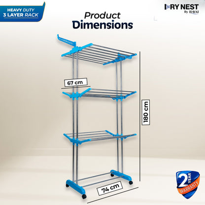 DryNest by Havai - 4.6 KG Premium Clothes Drying Stand with Wheels | Heavy-Duty Rust-Free Steel &amp; Strong Steel Rods | 3-Layer Foldable Jumbo Rack with 24 Hanger Rods | Portable &amp; Balcony-Friendly