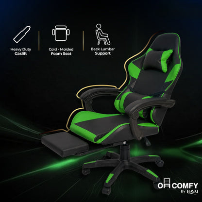 HAVAI Vortex GREEN Gaming Chair | Ergonomic High Back Computer Chair with Linkage Armrests | Reclining &amp; Folding Backrest | Premium 0.55mm PVC Upholstery | High Density Foam Cushion | Class 1 Gas Lift | 320mm Nylon Base | (Green &amp; Black)