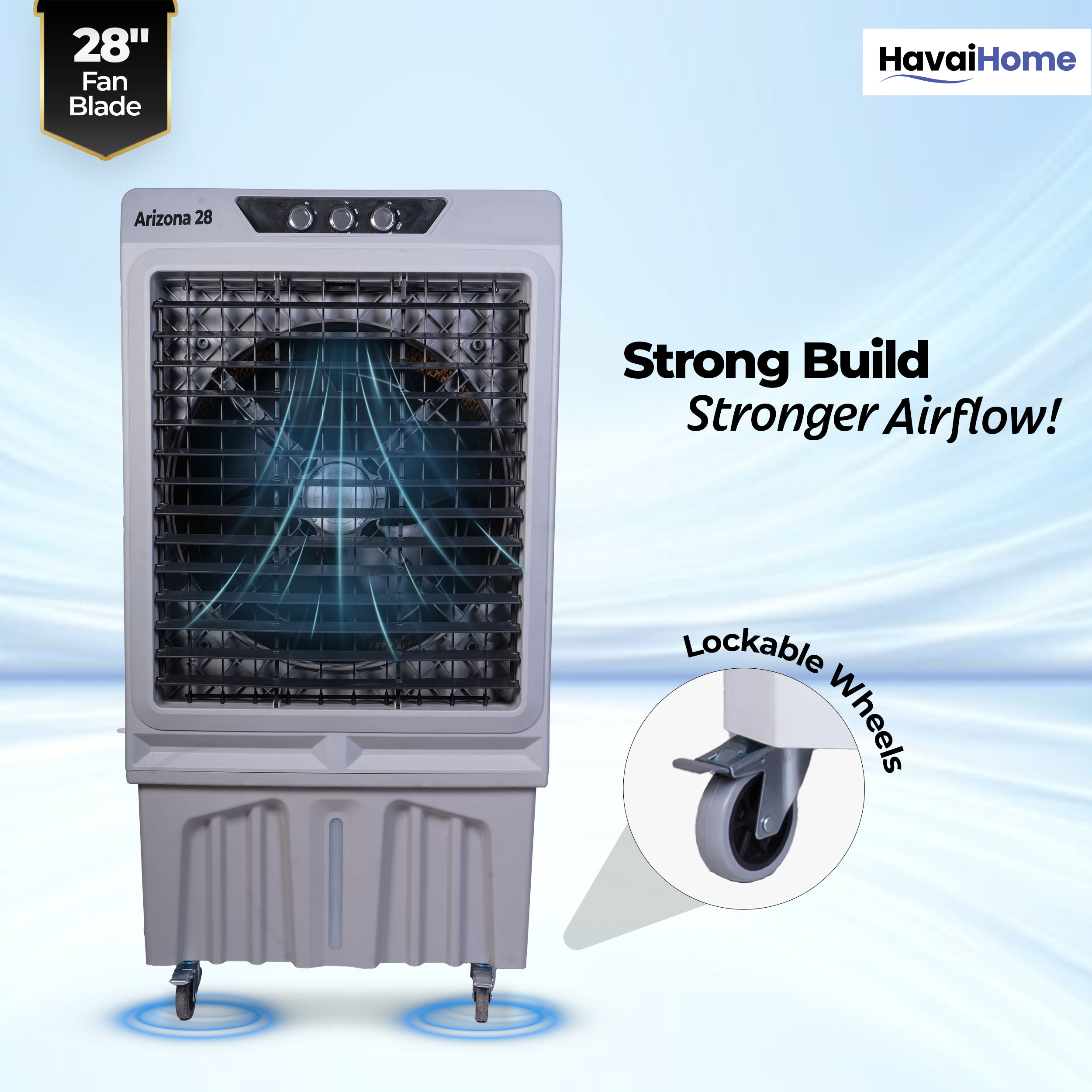 HAVAI Arizona 28 Industrial &amp; Commercial Air Cooler | 28-Inch Engineered 3-Leaf Blade | 10,000 m³/hr Air Delivery | 150L Tank | 500W Motor | 40 Ft Air Throw | Covers 700 Sq. Ft. | Finger Pull Drain Plug | 1-Year Warranty