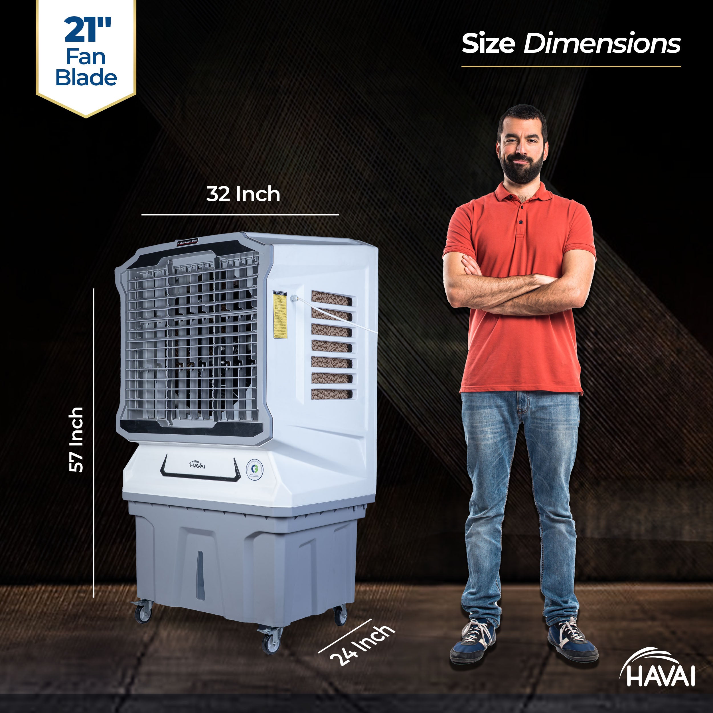 HAVAI Cyclone Desert Air Cooler | 21&quot; Fan Blade | 150L Tank Capacity | 330W High-Performance Cooling | 750 Sq. Ft. Coverage | Auto Swing | Back Honeycomb Pads | Lockable Wheels | White &amp; Grey