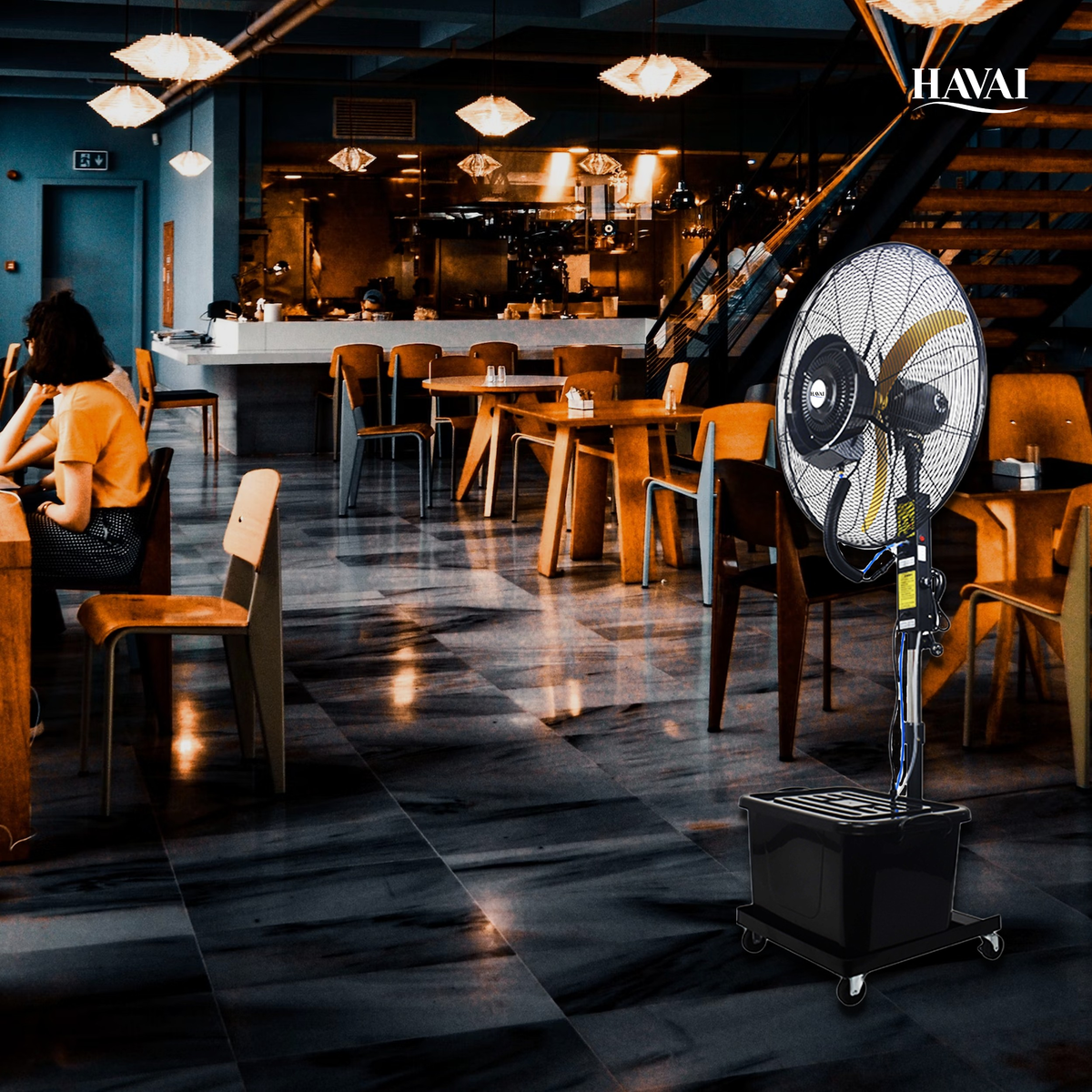 Havai 30" BLDC Mist Fan – Adjustable Height 4.5–6.5 ft | 100–210W Copper Motor | 6–10m Spray | 41L Tank | 1200 sq ft Coverage | 4 Speeds | Aluminium Blade | Low Noise <60dB | Rollers for Portability