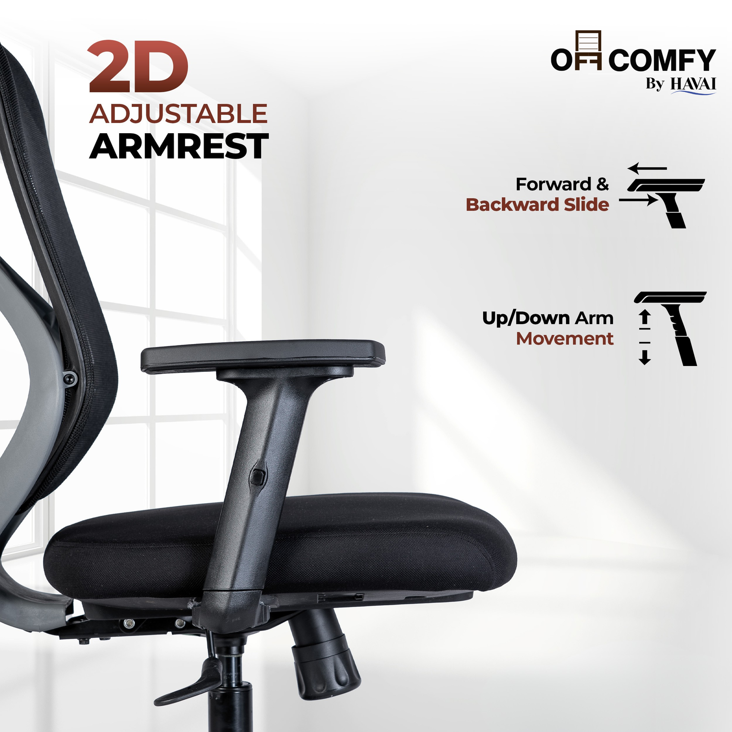 Off Comfy by HAVAI - Titan Lite Black Chair |  Korean Mesh | 2D Arms | Lumbar |  Seat Slider | Gaslift | Chrome Base | 60mm Castors