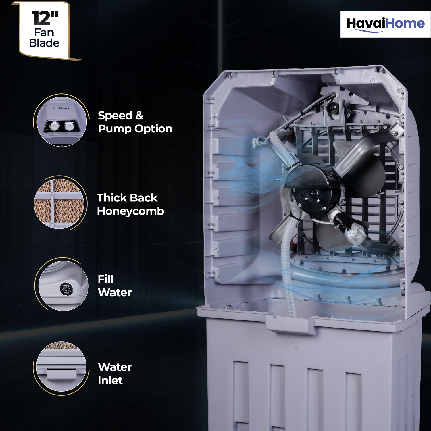 HAVAI Breeze-12 Personal Air Cooler | 50L Tank | 12″ Blade | Ideal for 100 sq ft Rooms | 98W Power | 8 ft Air Throw | 2600 RPM | Auto-Louver | 3-Speed | 1-Year On-Site Warranty (Grey)