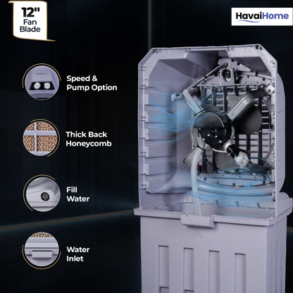 HAVAI Breeze-12 Personal Air Cooler | 50L Tank | 12″ Blade | Ideal for 100 sq ft Rooms | 98W Power | 8 ft Air Throw | 2600 RPM | Auto-Louver | 3-Speed | 1-Year On-Site Warranty (Grey)