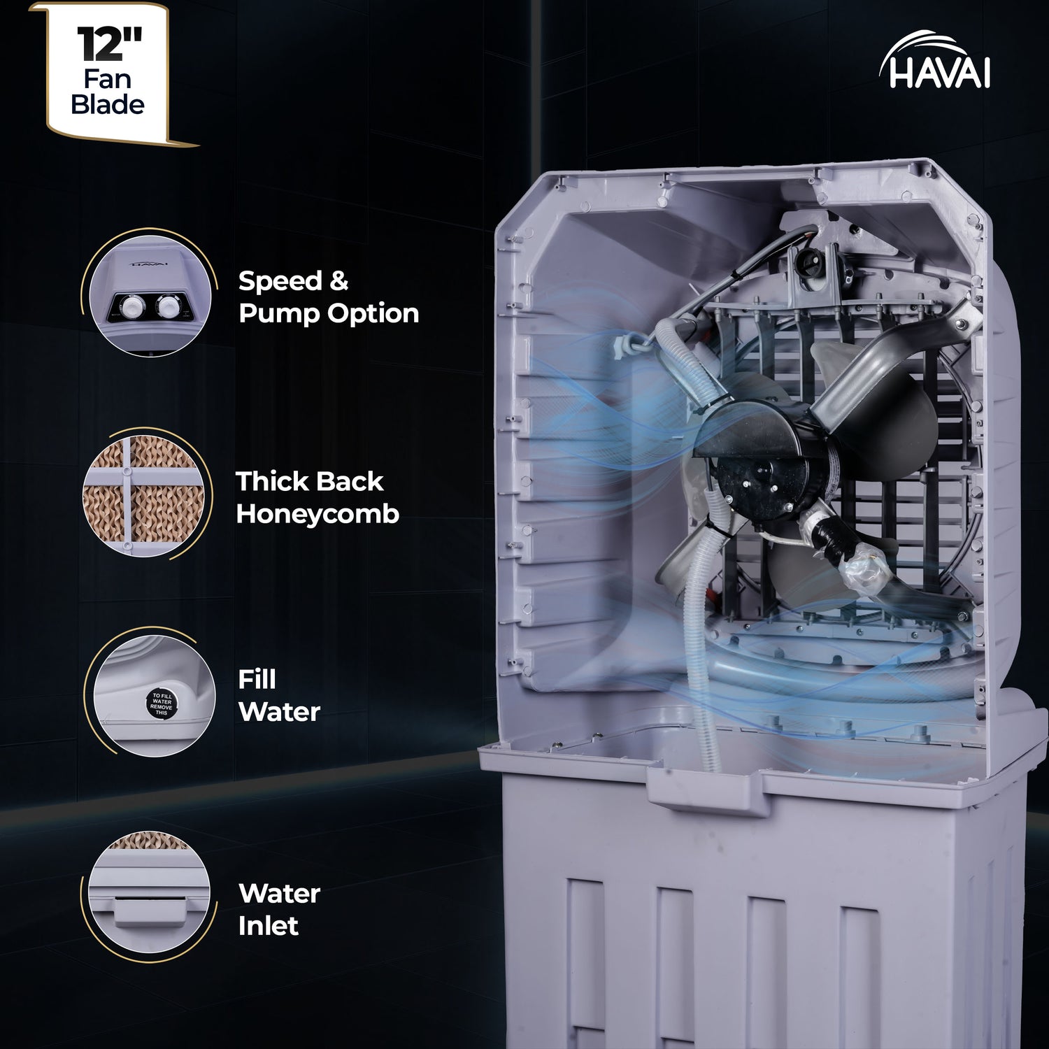 HAVAI Breeze-12 Personal Air Cooler | 50L Tank | 12″ Blade | Ideal for 100 sq ft Rooms | 98W Power | 8 ft Air Throw | 2600 RPM | Auto-Louver | 3-Speed | 1-Year On-Site Warranty (Grey)