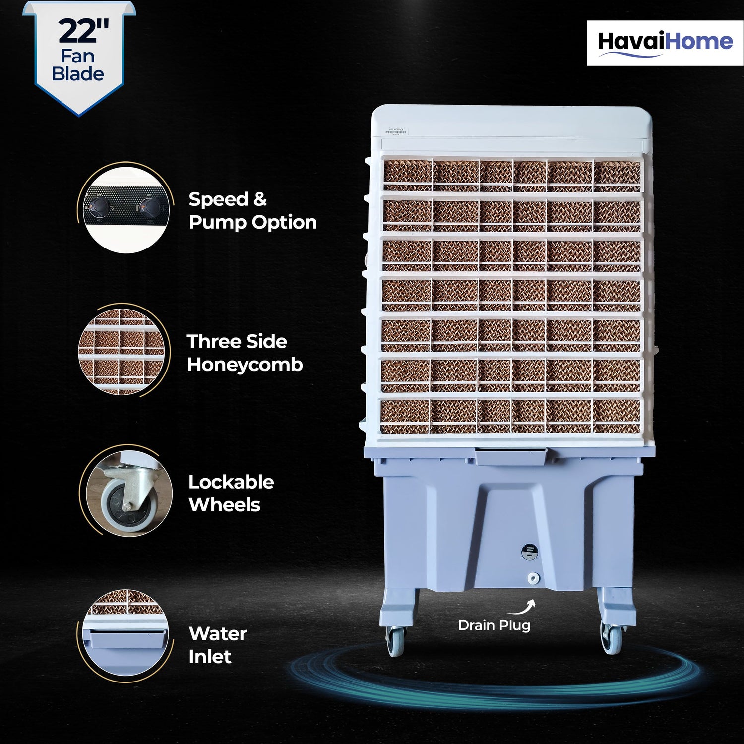Cyclone 24 Desert Air Cooler | 24" Fan Blade | 150L Tank Capacity | 400W High-Performance Cooling | 750 Sq. Ft. Coverage | Auto Swing | Three Side Honeycomb Pads | Lockable Wheels | Grey