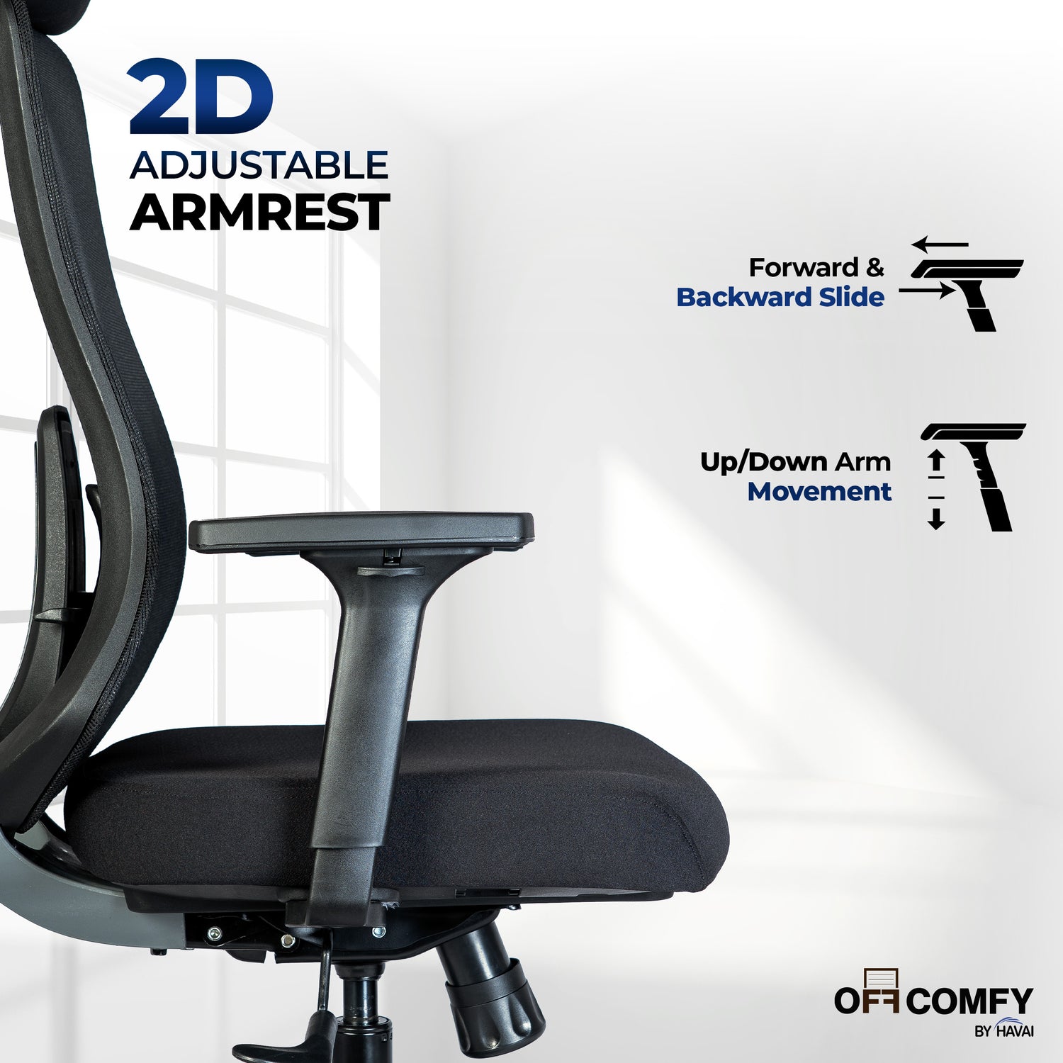 Off Comfy by HAVAI - Bolt Black Ergonomic Office Chair |  Yuva Mesh Back | 4D Arms with PU Pad | 1D Lumbar Support |  Auto Weight Mechanism with 4-Point Lock | Seat Slider | Crystal Chrome Base | 60mm Castors
