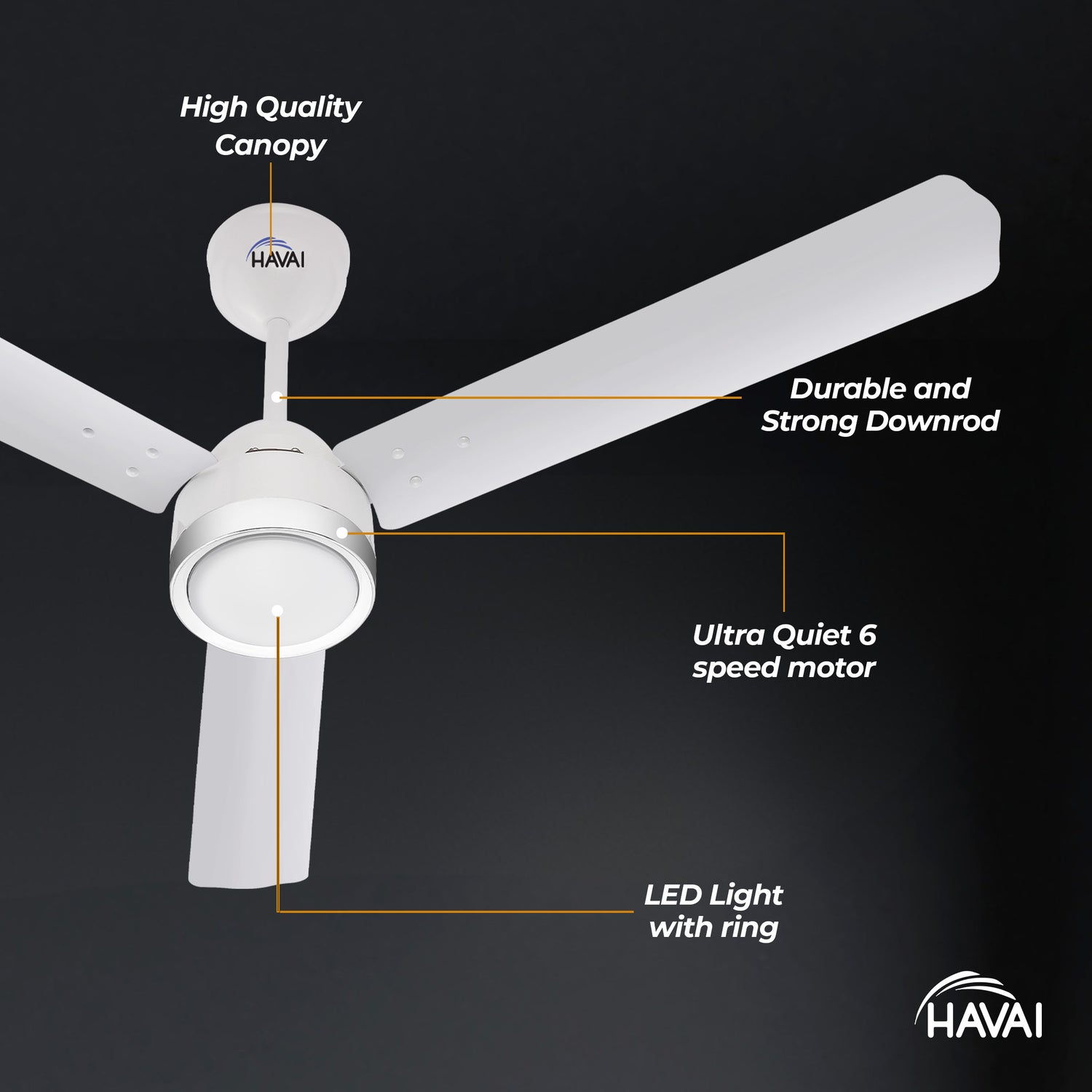 HAVAI Spinel BLDC Ceiling Fan with Decorative Ring | 1200mm, 3 Blades, 27W | Remote Control &amp; 9W LED Light | 2 Years Warranty | Pearl White