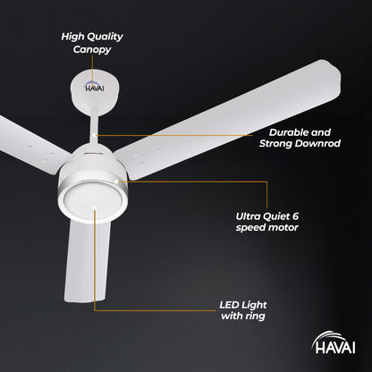 HAVAI Spinel BLDC Ceiling Fan with Decorative Ring | 1200mm, 3 Blades, 27W | Remote Control &amp; 9W LED Light | 2 Years Warranty | Pearl White