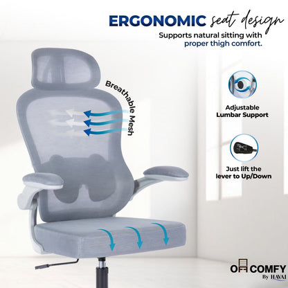 HAVAI LUMA GREY Ergonomic Mesh Office Chair | Mid Back | Breathable Net Fabric | Height Adjustable | Class 2 Gas Lift | Nylon Base | Smooth Wheels | WFH &amp; Office