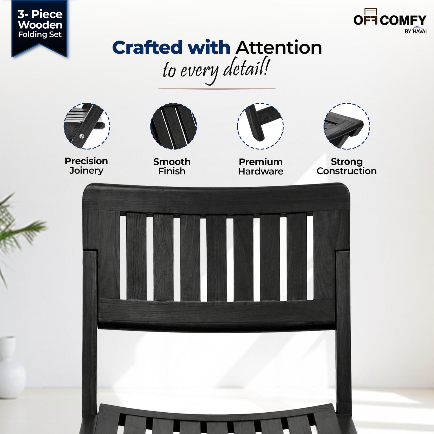 HAVAI Teakwood Foldable Balcony Furniture Set | 2 Chairs &amp; 1 Table | Premium Solid Teak Wood Outdoor Patio Set | Garden, Balcony, Terrace &amp; Cafe Furniture | Pre-Assembled Natural Wood Finish (BLACK)