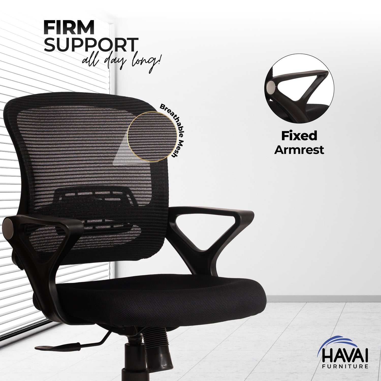 HAVAI Flame Back Low Back Ergonomic Mesh Office Chair |  Single Lock Tilt Mechanism | Mild Steel EPC Base |  Class 4 Gaslift | Fixed Armrests | 50mm Casters | Breathable Mesh Back
