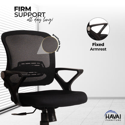 HAVAI Flame Back Low Back Ergonomic Mesh Office Chair |  Single Lock Tilt Mechanism | Mild Steel EPC Base |  Class 4 Gaslift | Fixed Armrests | 50mm Casters | Breathable Mesh Back