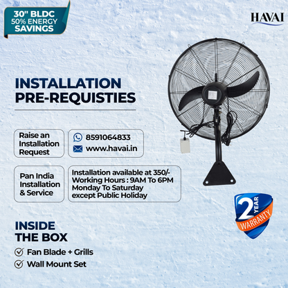 BLDC Wall Mount Fan 30 Inch, 50% Savings On Electricity, High Velocity, Heavy Duty Metal For Industrial, Commercial And Residential Use, Assembly Included , Black