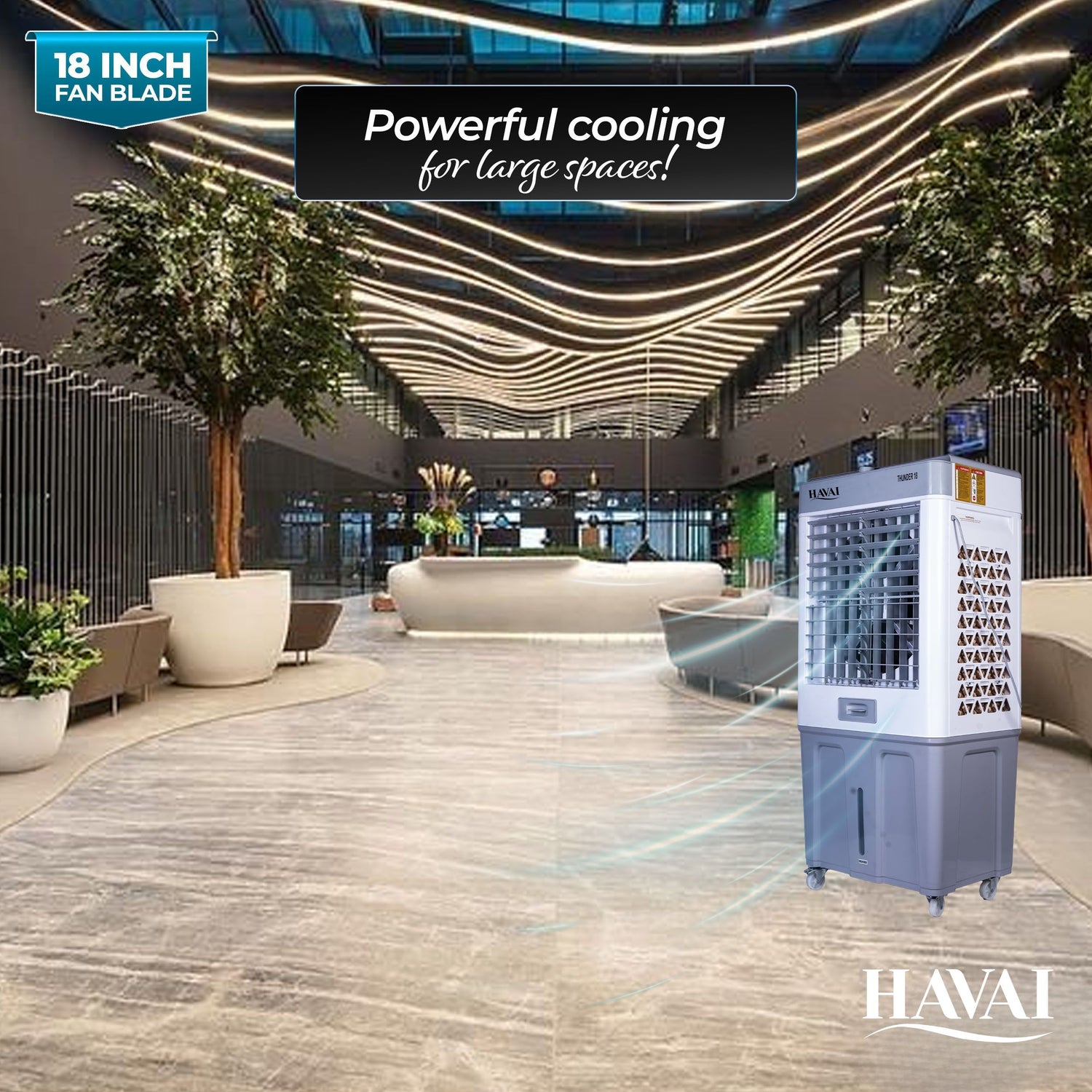 HAVAI Thunder 18 Desert Cooler | 18” Heavy-Duty Aluminium Fan Blade | 110 Dia 35mm Powerful Motor | Auto Swing | 3-Side Honeycomb Pads | 20 Ft Air Throw | 100L Tank | 1-Year Motor Warranty + Post-Warranty Support | White &amp; Grey