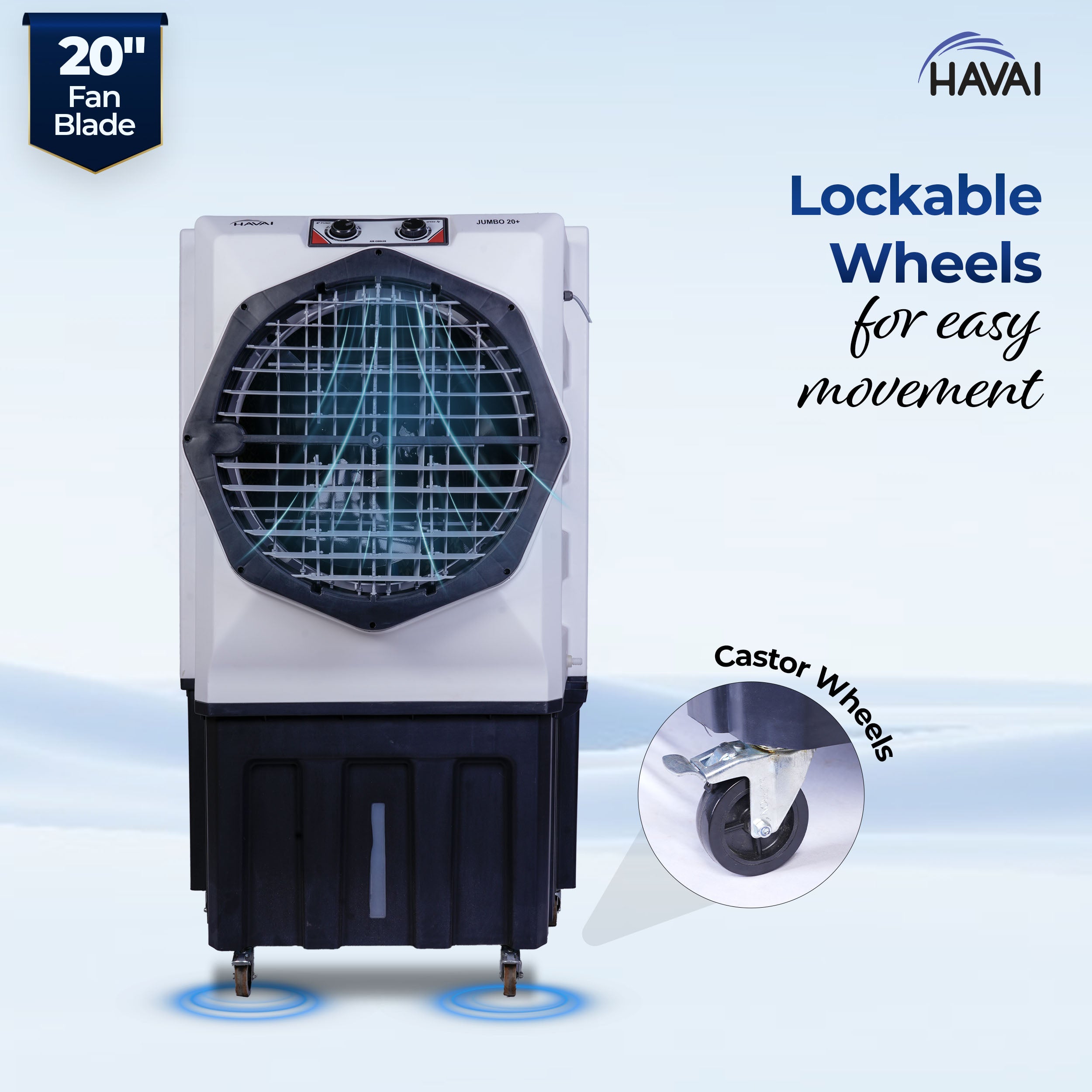 HAVAI Jumbo 20+ Desert Air Cooler for Home &amp; Commercial Use | 20 Inch Aluminium Fan, 150L Tank, 6190 m³/hr Air Delivery | Covers 450 Sq Ft | Honeycomb Pads, Auto Swing Louvers, Wheels | White &amp; Grey