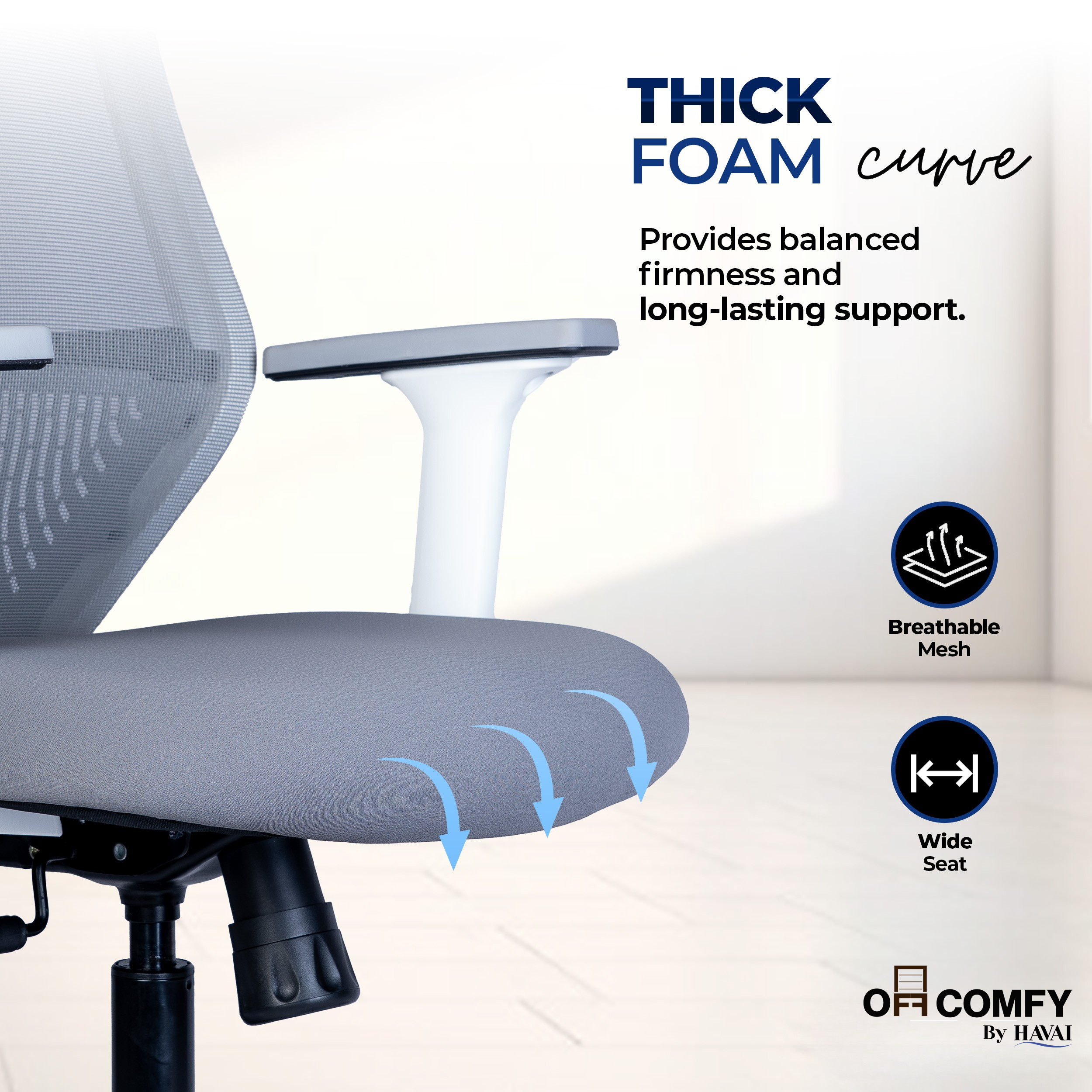 HAVAI Off-Comfy Luna Ergonomic Office Chair | Yuva Mesh Back | 2D Arms with TPU Pad | Synchro Tilt with Lock | Class 4 Samhongsa Gaslift | Claw Chrome Base | 60mm Castors (White)