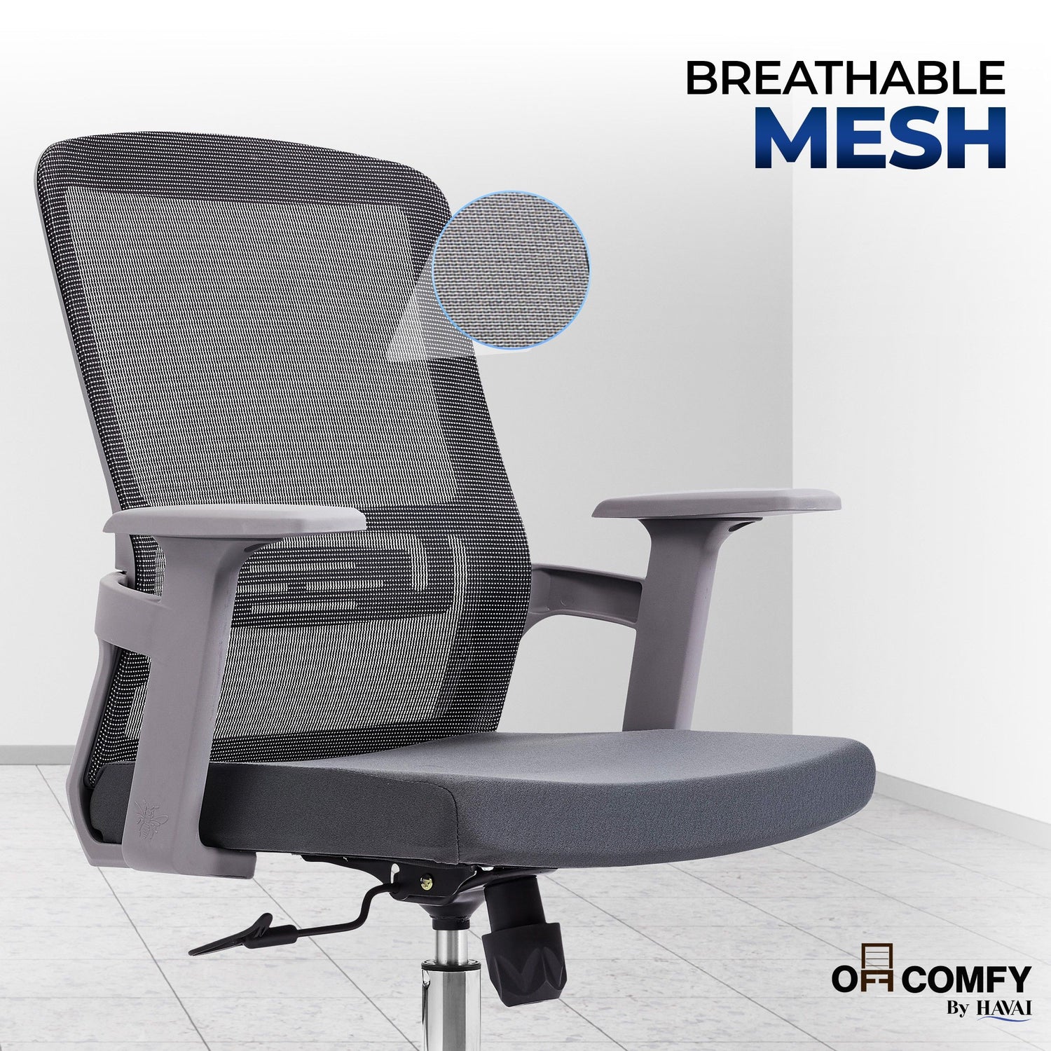 HAVAI Ergolite Mid Back Ergonomic Mesh Office Chair |  One Lock Tilt Mechanism | Fixed Armrests | Nylon Base |  Breathable Mesh Back (Grey)