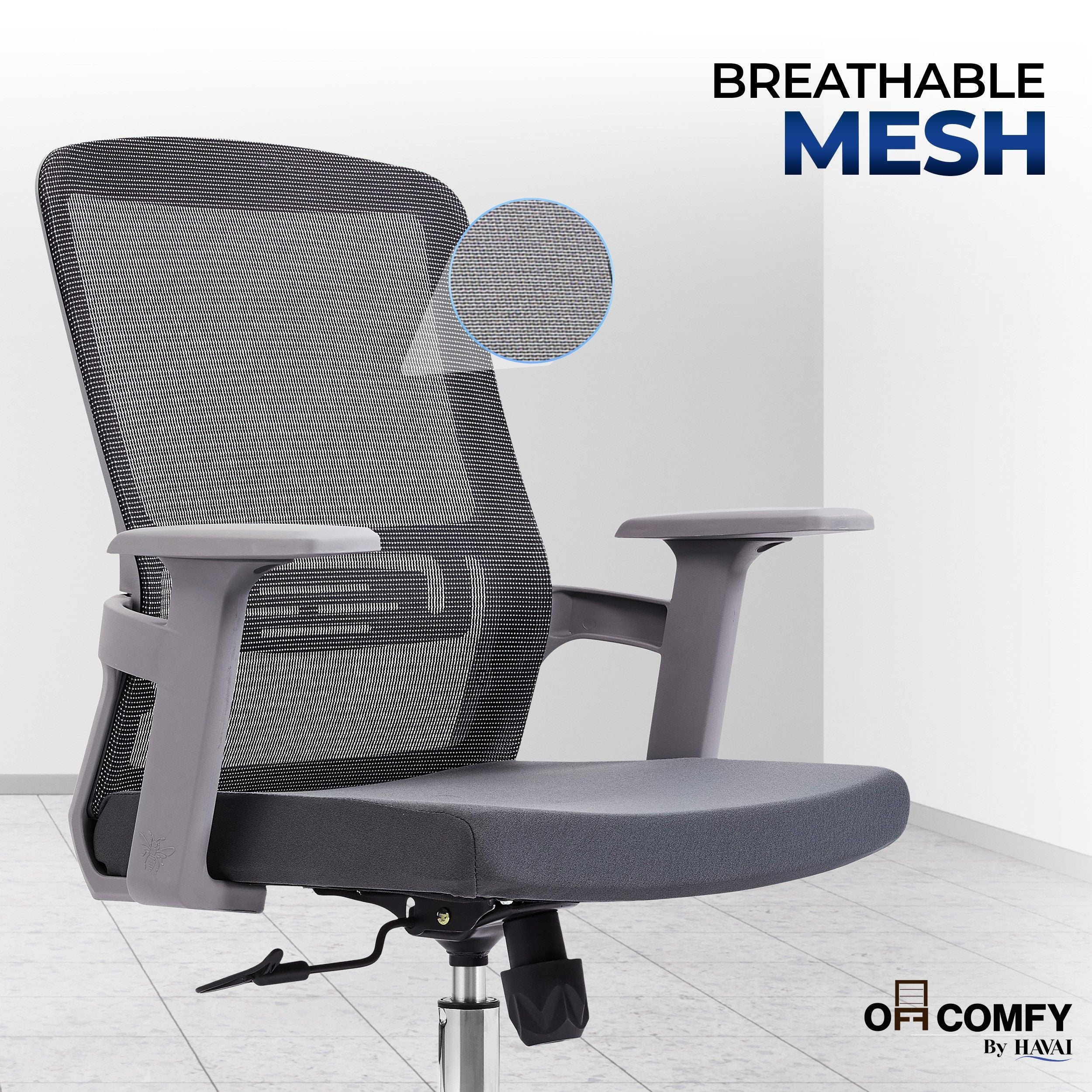 HAVAI Ergolite Mid Back Ergonomic Mesh Office Chair |  One Lock Tilt Mechanism | Fixed Armrests | Nylon Base |  Breathable Mesh Back (Grey)