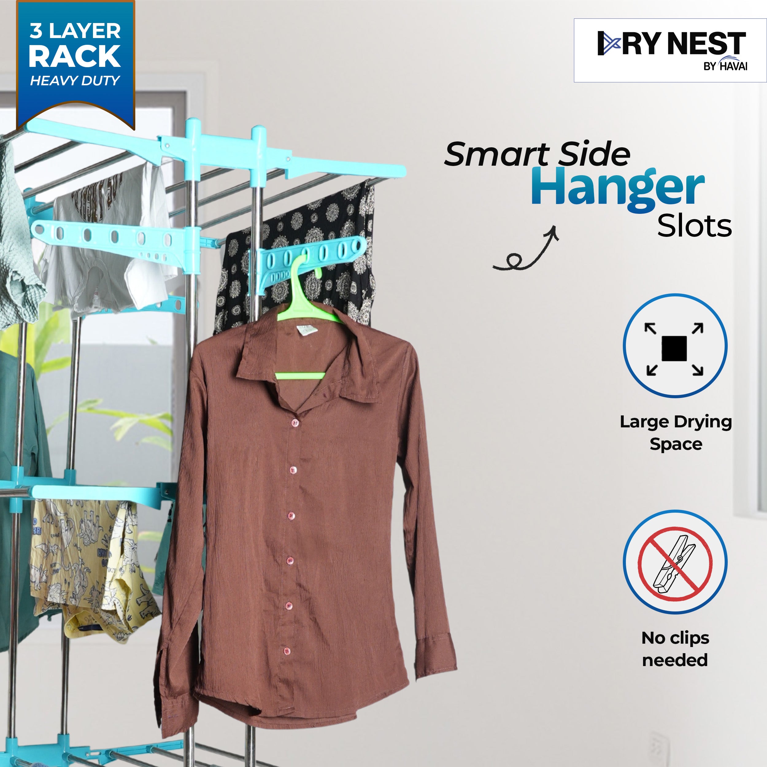 HAVAI DryNest 5.2 KG Premium Clothes Drying Stand with Wheels | Heavy-Duty Rust-Free Steel &amp; Strong Steel Rods | 3-Layer Foldable Jumbo Rack | Portable &amp; Balcony-Friendly