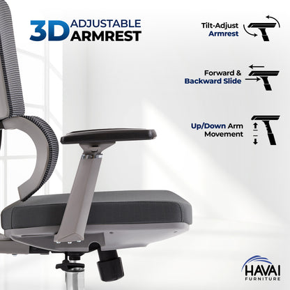 HAVAI Flexi High Back Black Mesh Ergonomic Office Chair |  Multi-Lock Synchro Tilt | Aluminium Base | Class 4 Gaslift | Seat Slider | 3D Adjustable Armrests | 50mm Casters | Premium Mesh Back &amp; Fabric Seat(Grey)