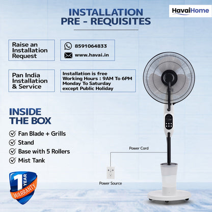 Blu Mist Pedestal Fan – 16" Residential Mist Fan | Remote Control | 2.8 Litre Tank | Installation Included (White, Pack of 1)