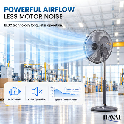 Havai 18 Inch BLDC Commercial Pedestal Fan with Remote &amp; 6 Aluminium Blades Installation Included, 2-Year Warranty, 8–95W Power, 9 Speeds, Timer, Automatic Oscillation &amp; Fingerproof Safety Grill.