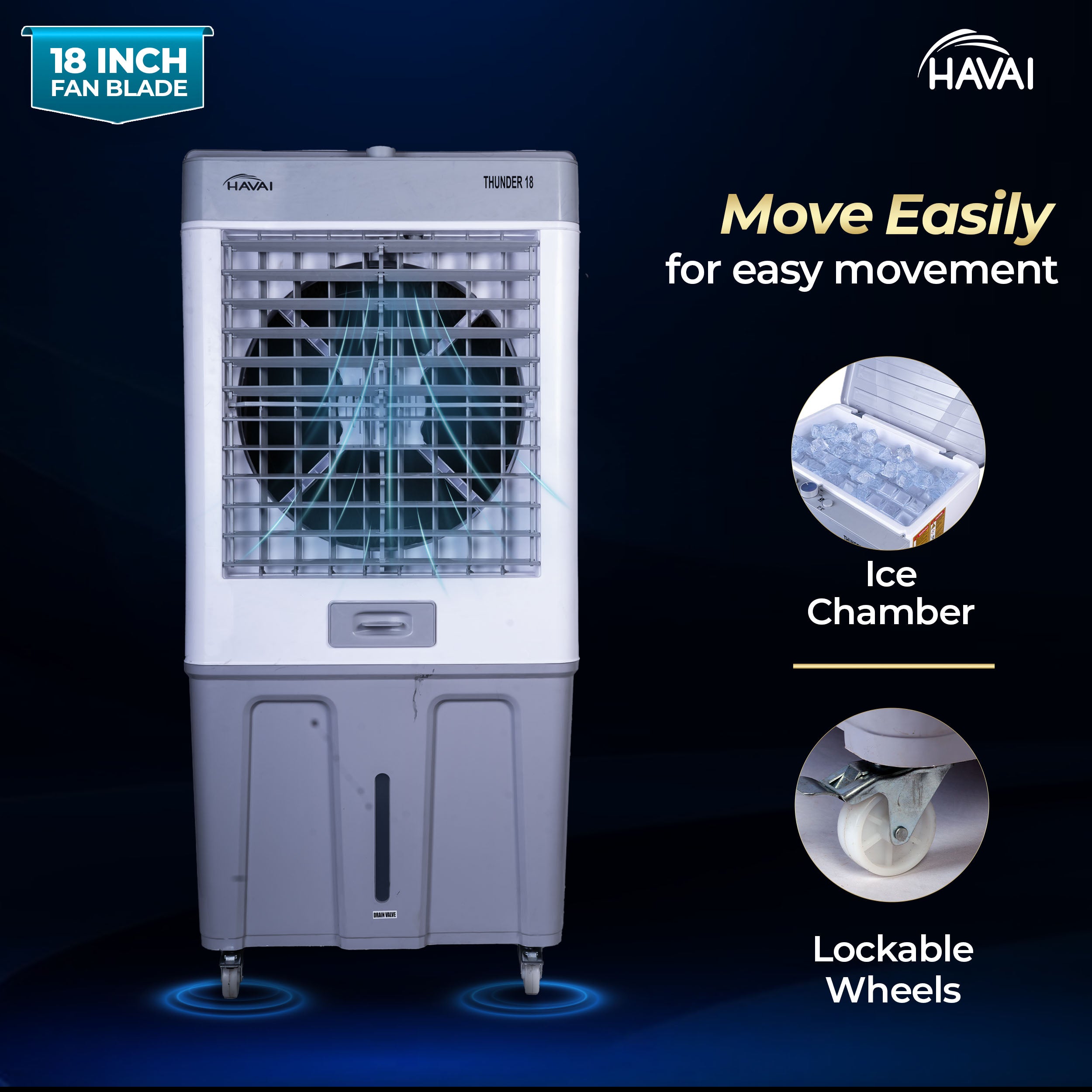 HAVAI Thunder 18 Desert Cooler | 18” Heavy-Duty Aluminium Fan Blade | 110 Dia 35mm Powerful Motor | Auto Swing | 3-Side Honeycomb Pads | 20 Ft Air Throw | 100L Tank | 1-Year Motor Warranty + Post-Warranty Support | White &amp; Grey