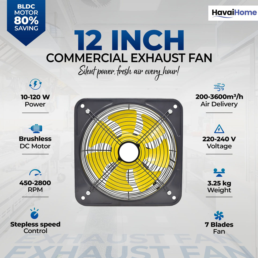 BLDC Exhaust Fan | Power : 10W - 120W | Speed: 450-2800 RPM | Air Volume: 200-3600 m³/h | 1-Year Warranty | Stepless Speed Control | Metal Frame Included | Soundless (12-Inch Blade)